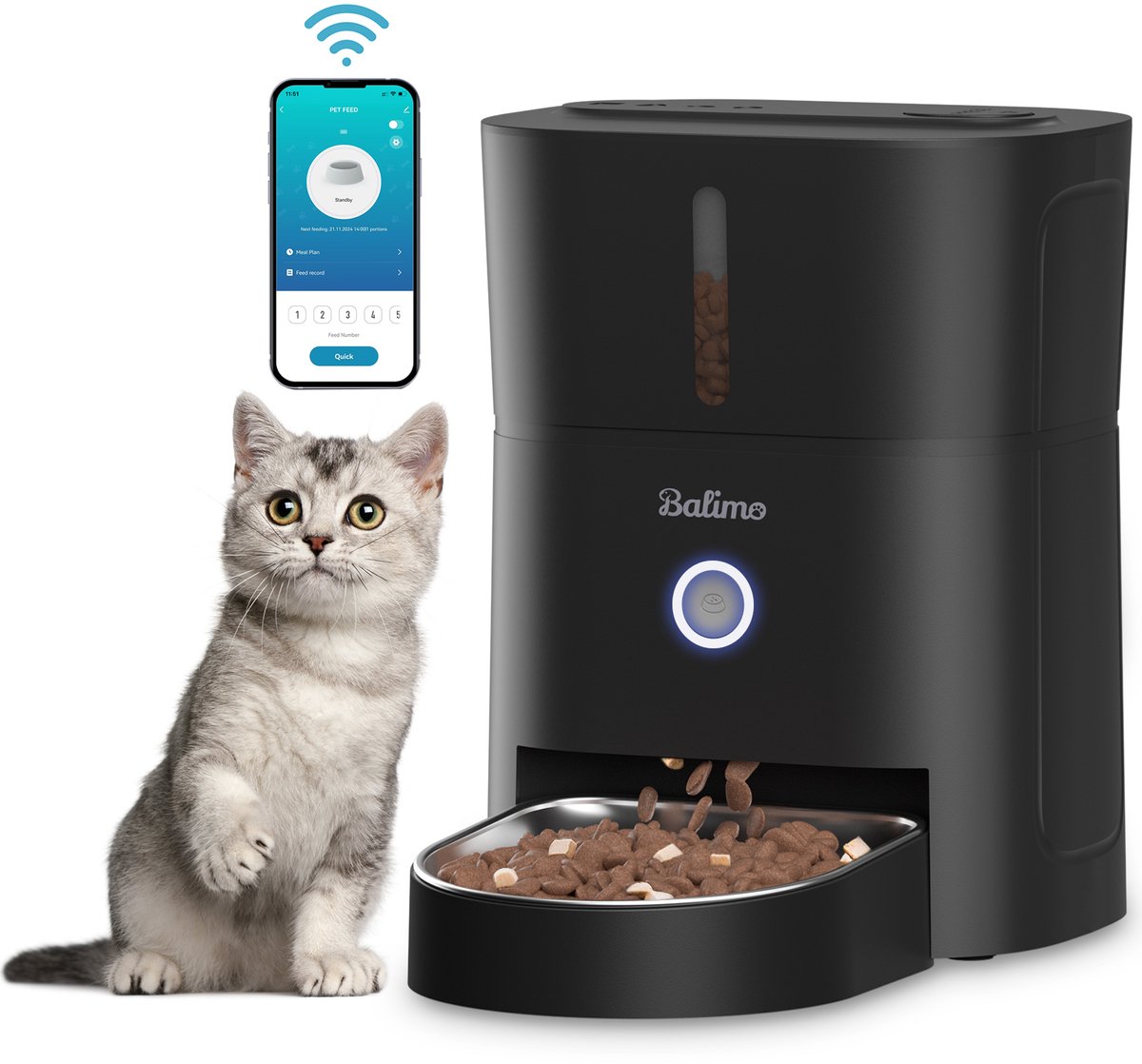 Balimo - Automatische Voerbak voor Kat of Hond - 3L - Voerautomaat - Wifi Model - Zwart - Inclusief 1 RVS Voerbakken - Voor Droogvoer - Voerautomaat dispenser - Zwart