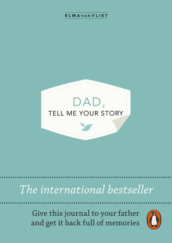 Boek "Papa, vertel me je verhaal" in het Engels, met een gestileerde witte zeshoekige vorm met blauwe tekst "DAD, TELL ME YOUR STORY".
