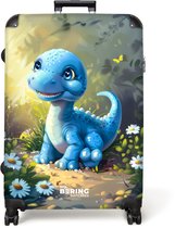 NoBoringSuitcases.com® - Valise grande - Valise de voyage légère - Dinosaure bleu entouré de marguerites - Valise à roulettes avec 4 roues - Grand chariot XL - 98 litres de bagages