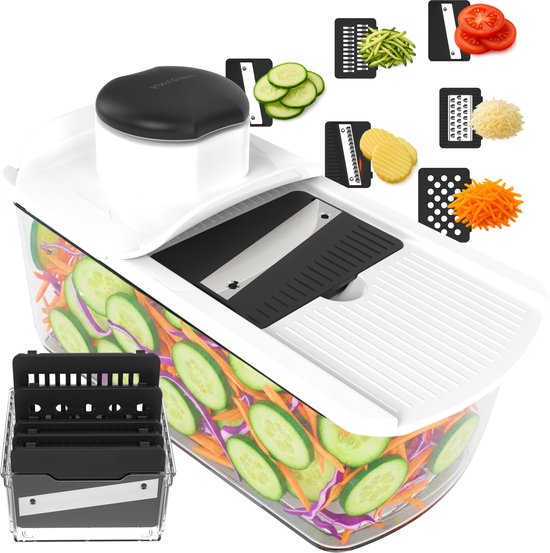 Mandoline Keukensnijder & Groentesnijder - Multifunctioneel 6-in-1 - Met Opvangbak 1,7L - RVS Messen & Veiligheidshouder - Wit - Vivid Green