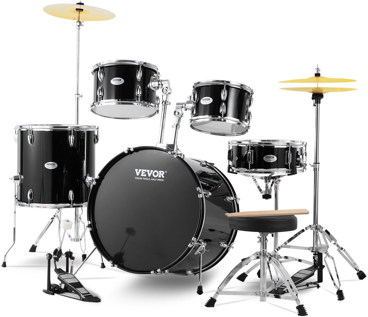 VEVOR 5-Delige Fullsize Drumset met Troonstandaard, Zwart