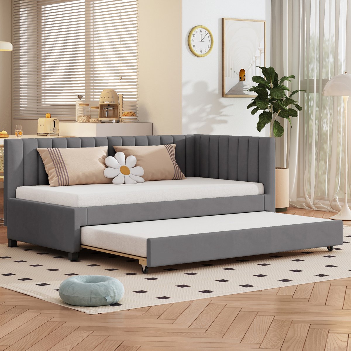 STILVORA Slaapbank 90x200 cm - Eenpersoons Logeerbed Met Uitschuifbed - Voor Slaapkamer - Fluweel - Grijs