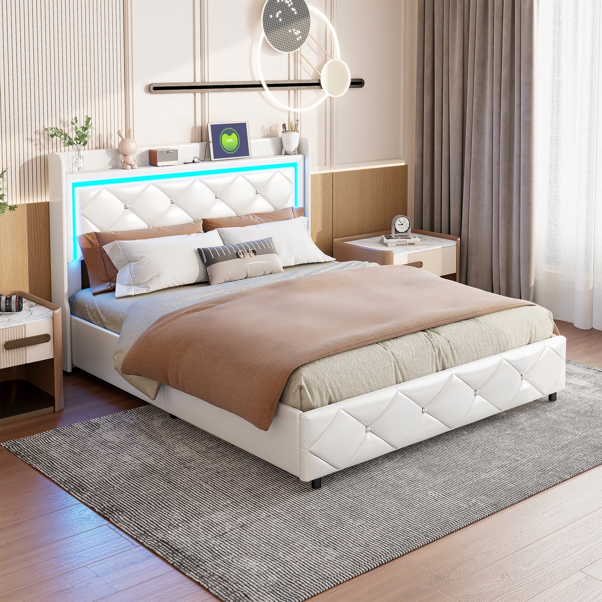 Gestoffeerd tweepersoonsbed met USB-oplaadfunctie en ledverlichting, hydraulisch opbergbed, functioneel bed, PU-leren jeugdbed 160x200cm zonder matras, wit (splitsen voor 2 pakketten voor verzending)
