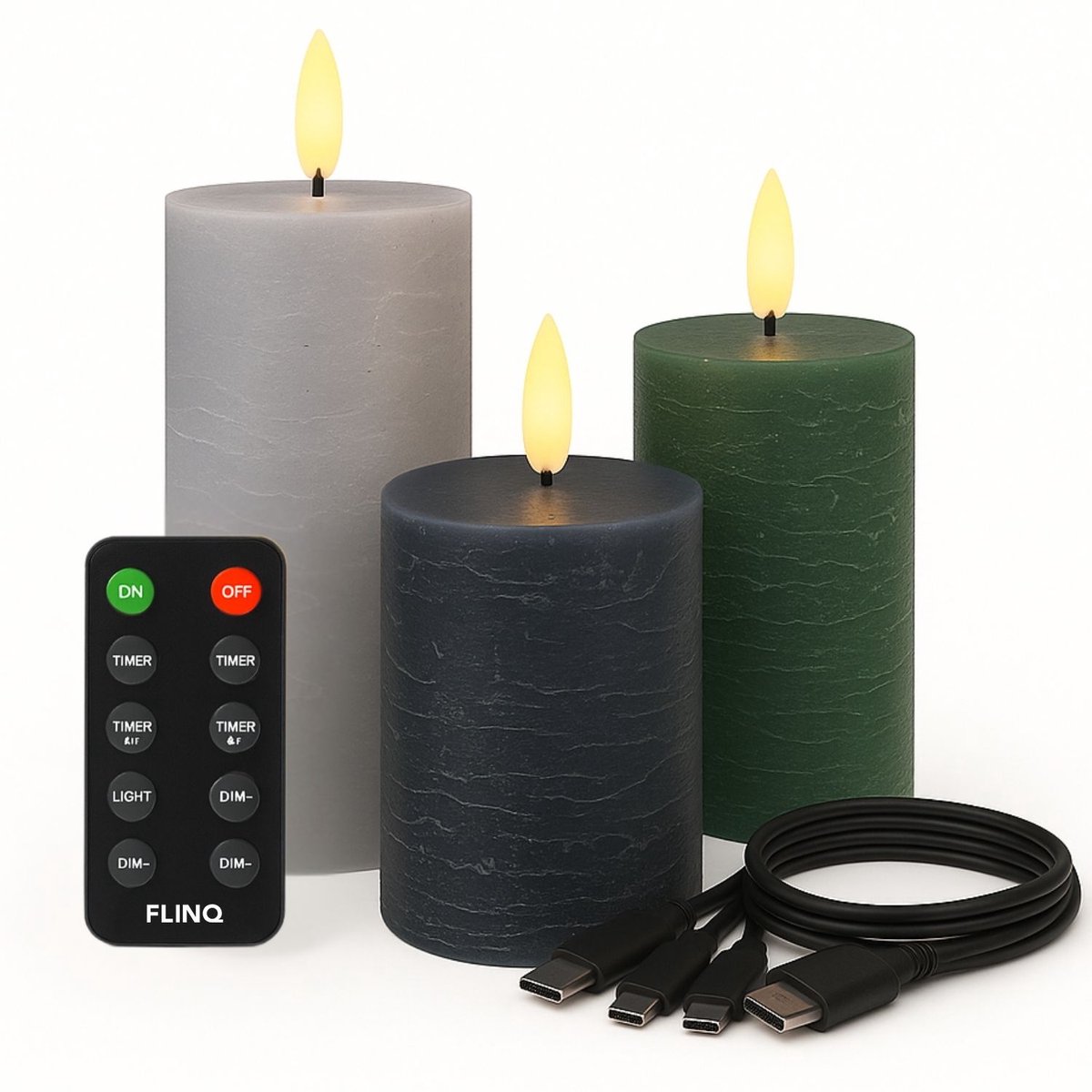 FlinQ Oplaadbare LED Kaarsen met Bewegende Vlam - Inclusief Afstandsbediening met Timer en Dimfunctie - Nep Kaarsen met Flikkerende Vlam - Dinerkaarsen Oplaadbaar - 3 stuks - Warm Neutrals