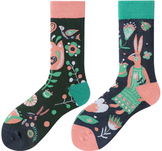 Tutti Footi – Verschillende Sokken met Vogels, Planten & Konijn – Maat 36-40 – Donkergroen/Peach/Folk-Art