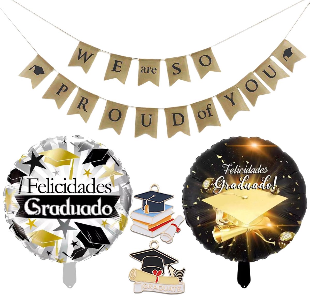 1 afstudeerbanner, 2 ballonnen, 2 sieradenhangers, wensbanner, achtergrondtafeldecoratie