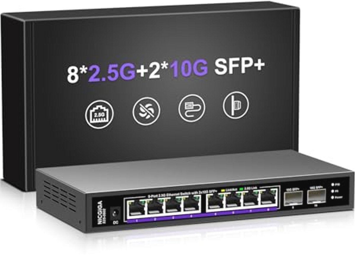10-port 2.5 Gb Unmanaged Ethernet Switch met 8x 2.5G en 2x 10G Poorten