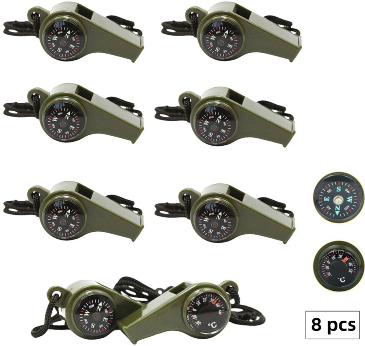 8 Stuks Noodfluit met Sleutelkoord - 3-in-1 Noodfluitjes Met Kompas & Thermometer - Survival Whistle - Noodfluitje bij Ramp - Avonturen - Kamperen - Bergbeklimmen - Luide Alarmfluit voor Noodgevallen - voor Buiten Wandelen