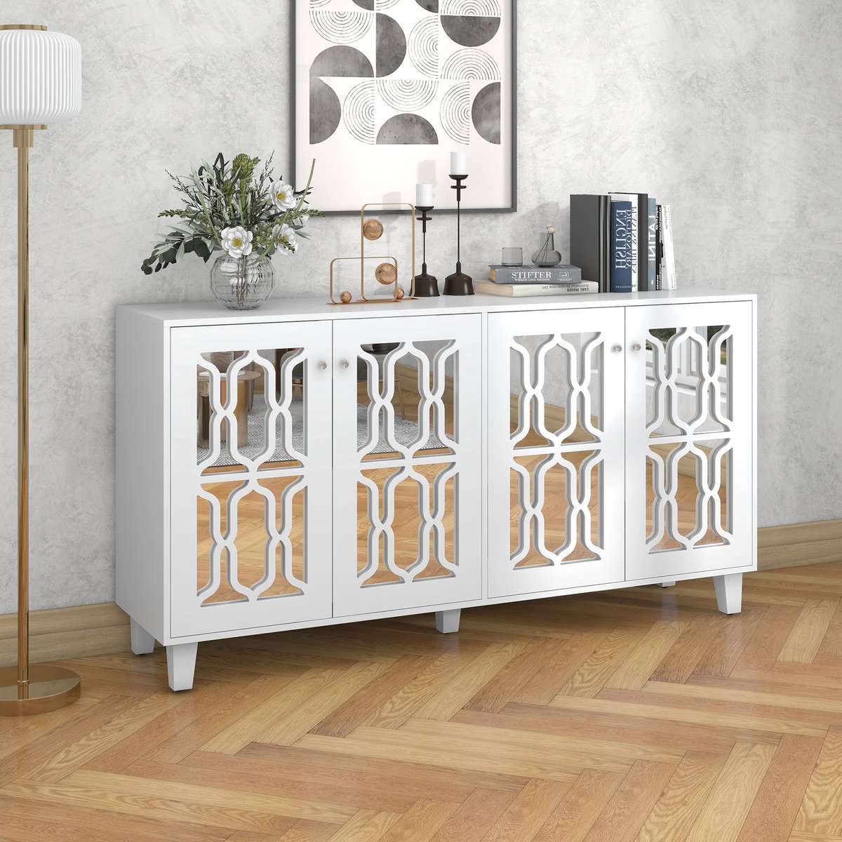 Wishdor - Dressoir - 4 Deuren - Verstelbare Binnenplank - Spiegelafwerking - Kristalvormig