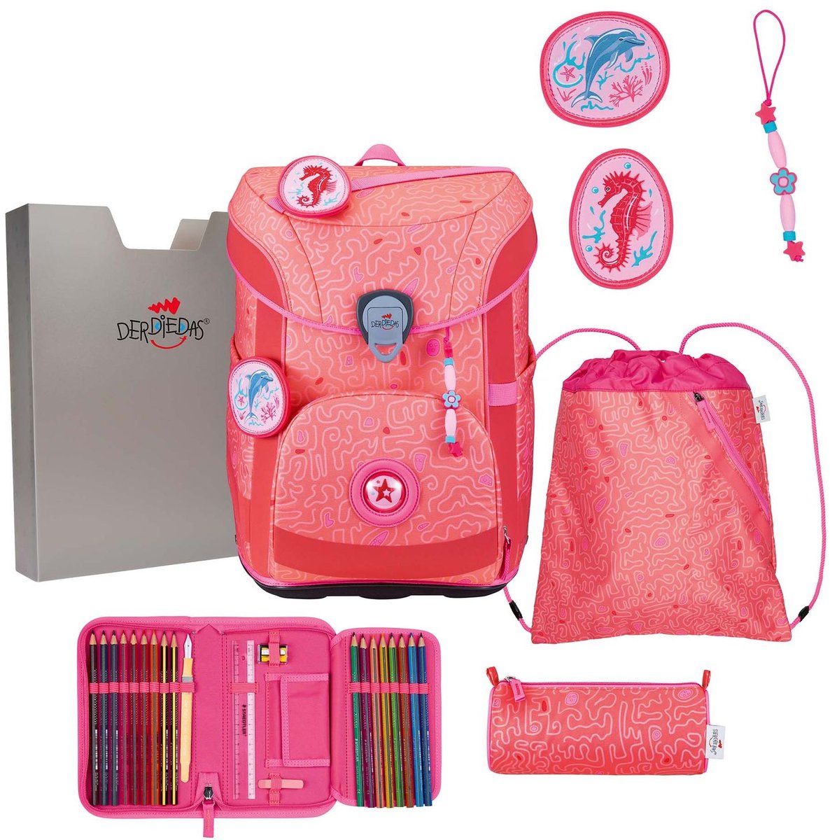 DerDieDas schooltas ErgoFlex Easy Superflash Set 6-delig Coral Reef zalmroze