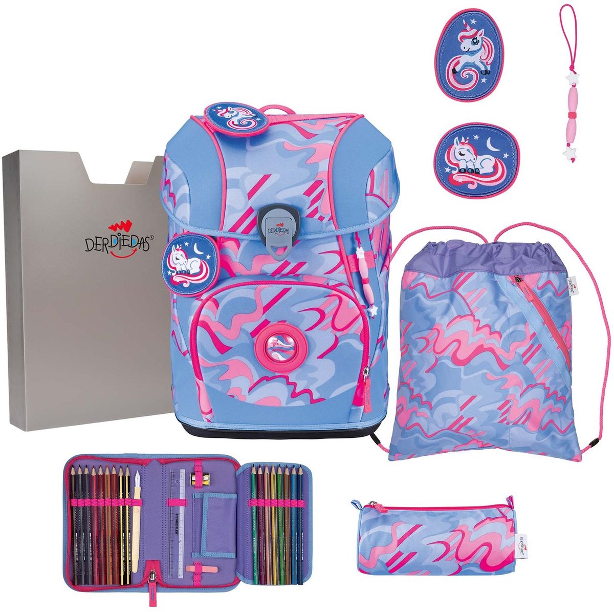 DerDieDas schooltas ErgoFlex Tiny Superflash Set 6-delig Magic Unicorn Lichtblauw