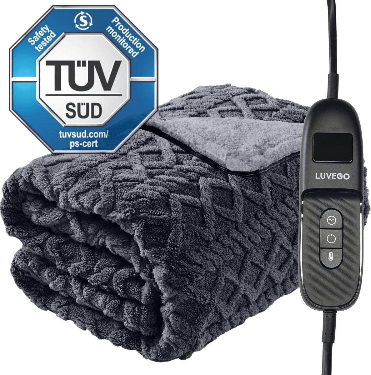 Luvego Elektrische Bovendeken Warmte deken met Fleece/Sherpa l Plaid 180x130 CM l 3.5 Meter Kabel l 160W l Grijs