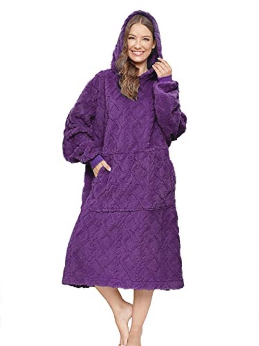 Oversized Draagbare Hoodie Plaid voor Dames en Heren - Lange Sherpa Sweater in Jacquard Tiefviolett - Een maat - Comfortabel en Warm
