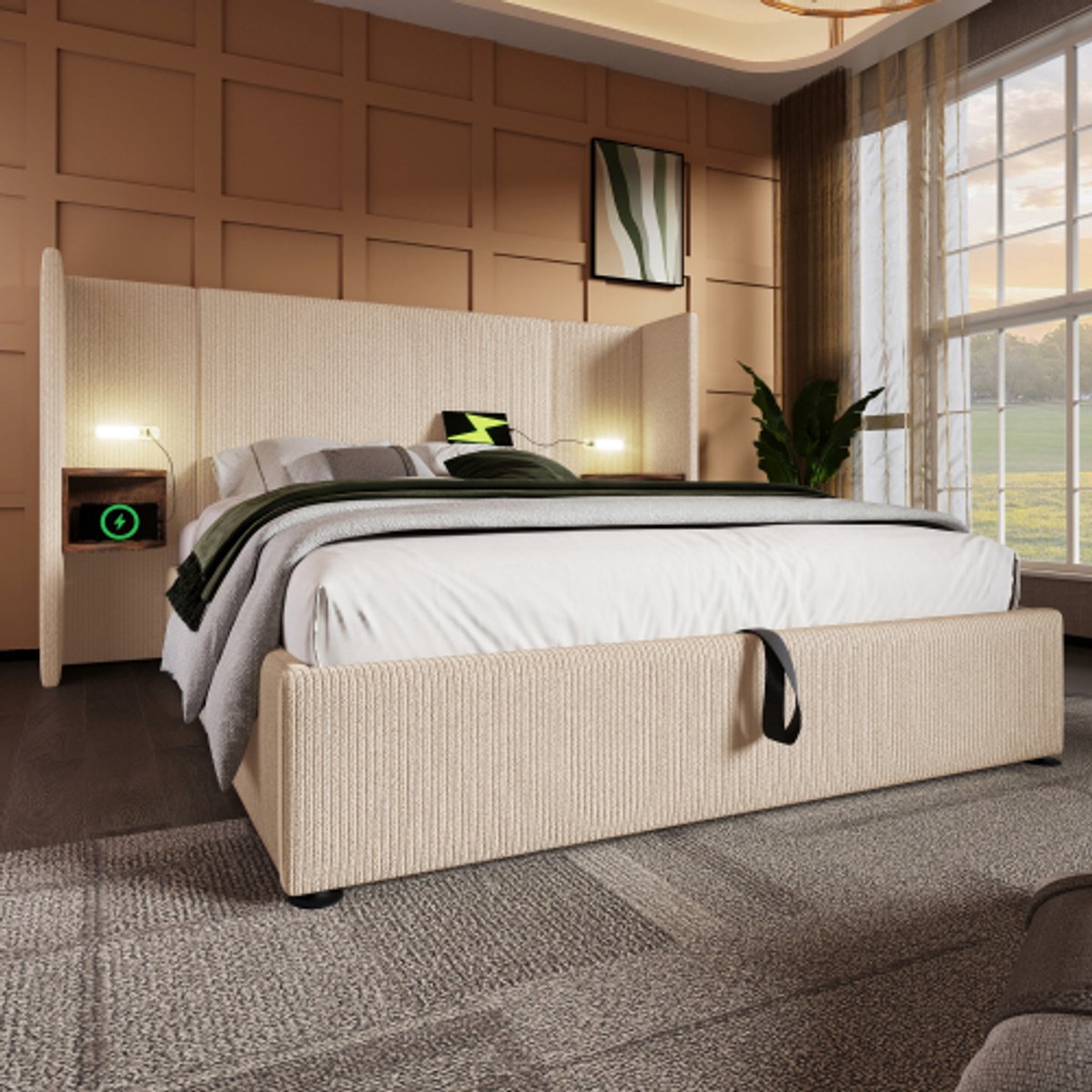 Gutent-Gestoffeerd tweepersoonsbed 160x200 cm-bedframe met opbergruimte en lattenbodem-beige-wit-corduroy stof (matras niet inbegrepen)