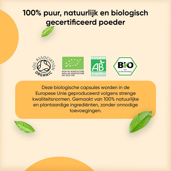 Certificaten voor biologische landbouw: EU, AB, BIO. Product is puur, natuurlijk en biologisch.