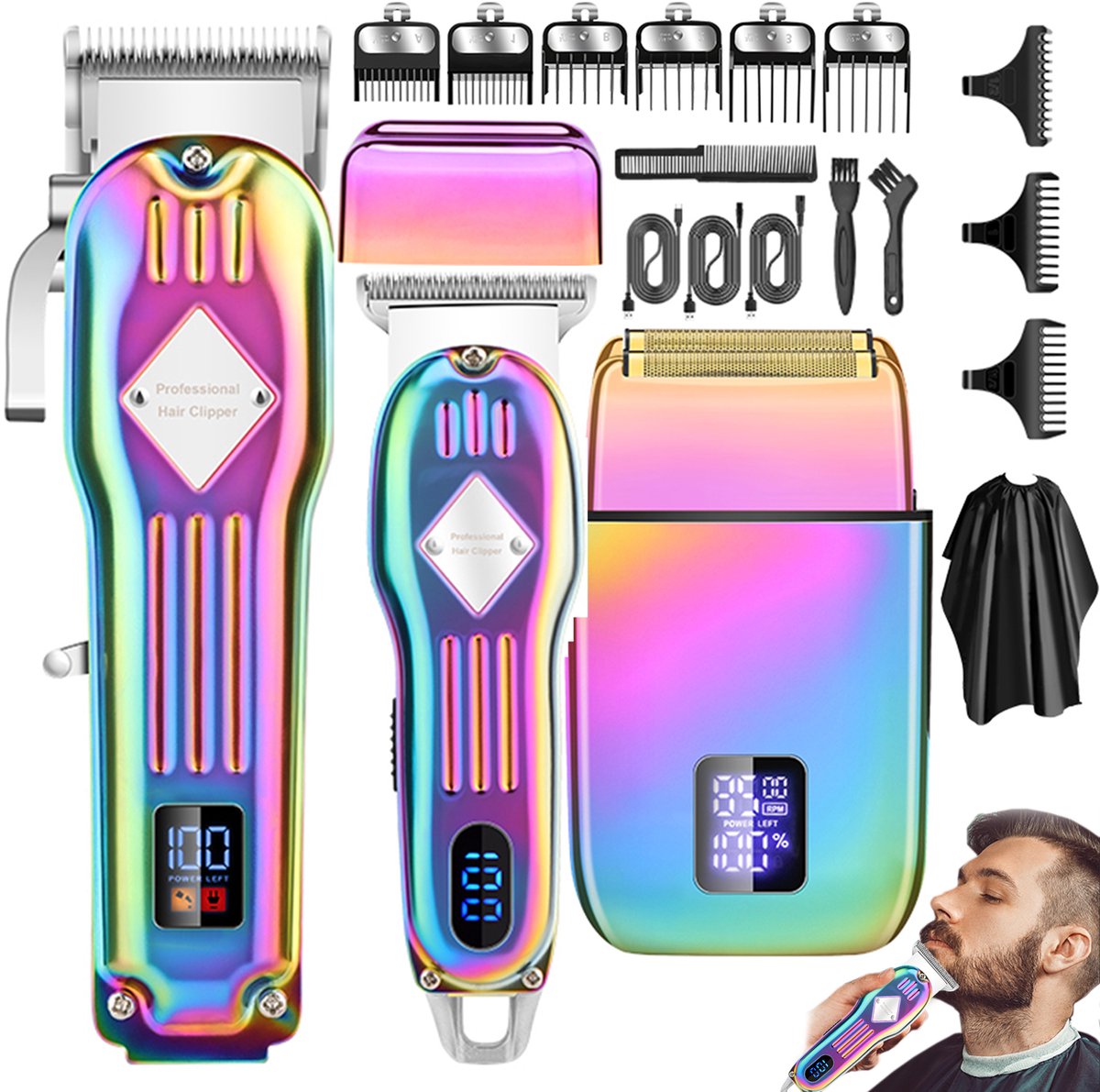OKWISH Tondeuses - Draadloze Tondeuse Set Voor Thuis, Professionele Haar Tondeuse Met Verstelbare Kammen, Trimmer Set, Metaal + Roestvrij Staal, 22,2x23,8x6,7 cm, Zilver