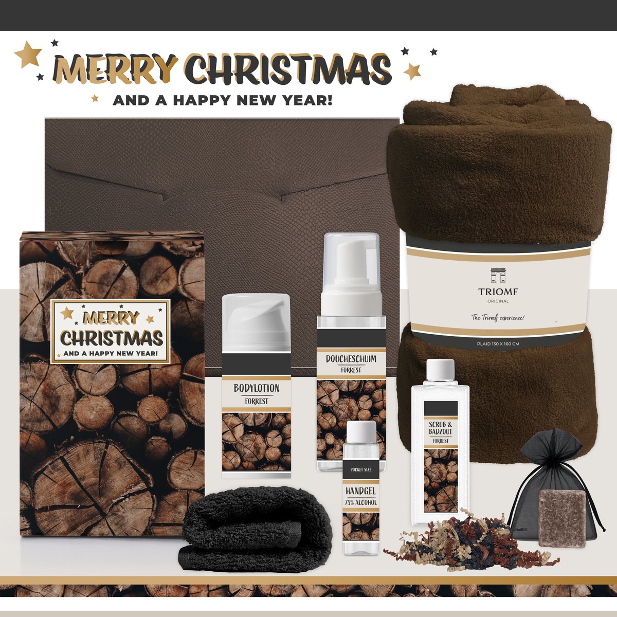 Geschenkset "Merry Christmas And A Happy New Year" - 7 Producten - 1400 gram - Triomf Cosmetica | Giftset voor Hem Luxe cadeaubox Kerst Wellness Set Cadeaupakket Prettige Kerstdagen Cadeau Man Gift Collega Kerstpakket Kerstcadeau Geschenk Goud Bruin