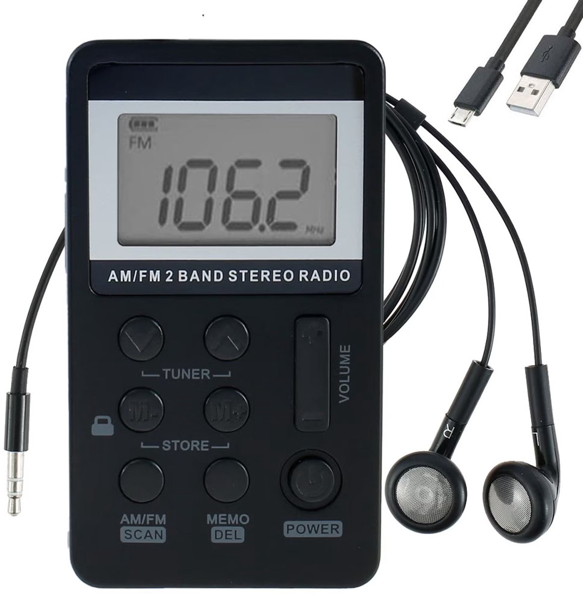 Oplaadbare Noodradio Met Hoofdtelefoon - AM / FM Radio - Radio - Draagbare radio - Mini-radio - Kleine Draagbare Radio - Noodradio - Zakradio - Met Koptelefoonaansluiting - met 500 mAh 3,7 V oplaadbare batterij - 84×48×12mm