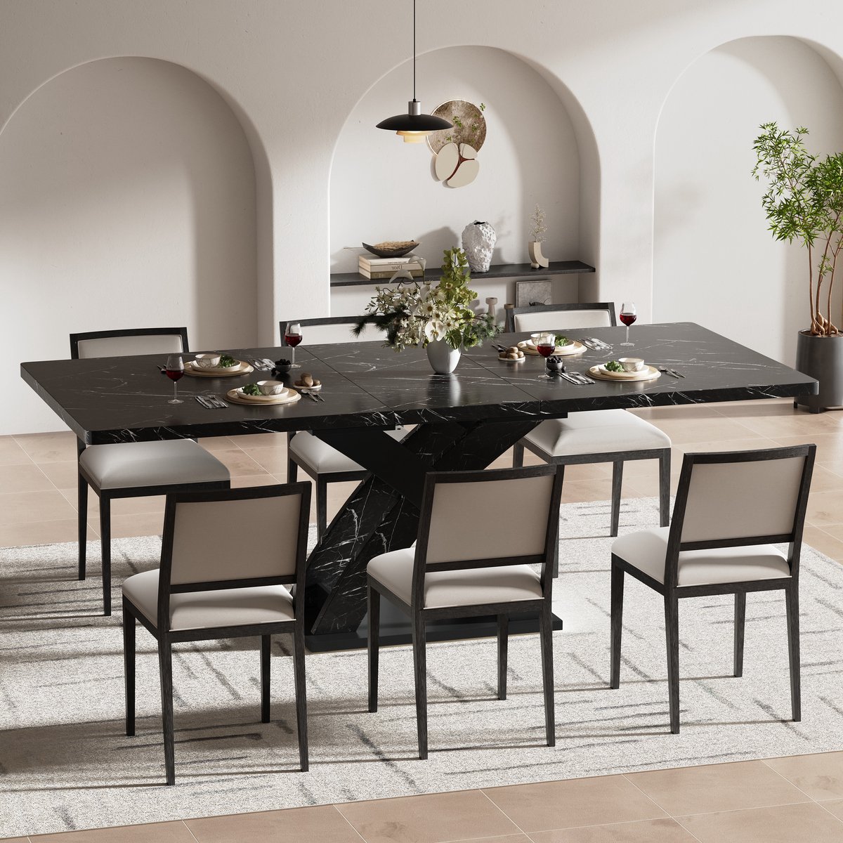 Wishdor Eettafel 120–160x80x75 cm, uitschuifbaar, MDF en metaal, zwart-wit patroon, X-vormig onderstel