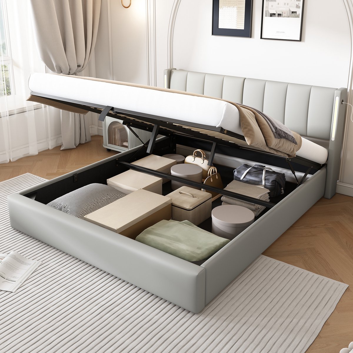 REDOM Bedframe 140x200 cm – PU grijs – Met verstelbaar hoofdeinde, LED & USB/Type-C – Modern