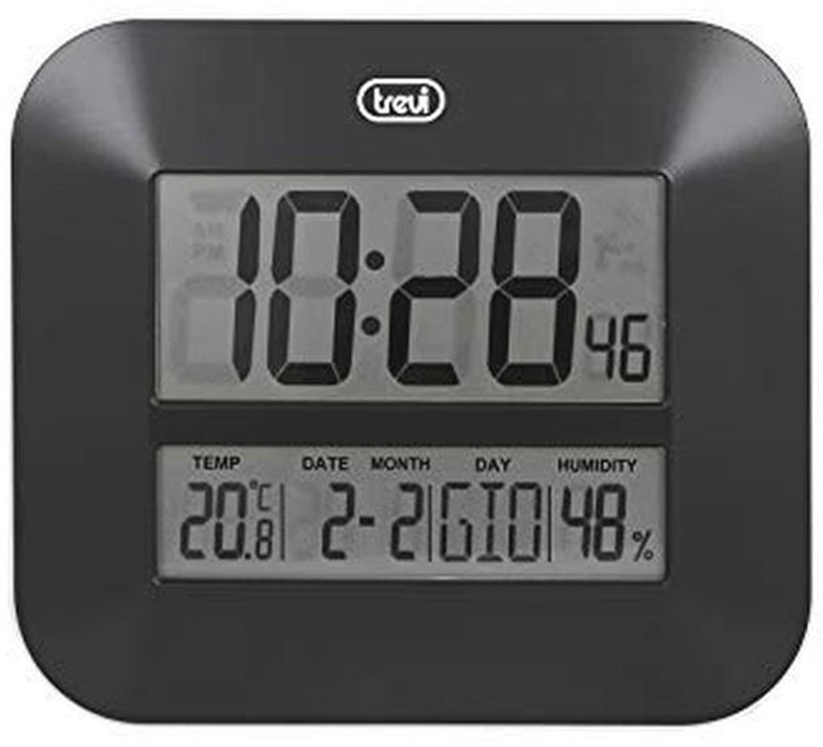 Digitale klok met groot LCD-display, thermometer en meertalige kalender