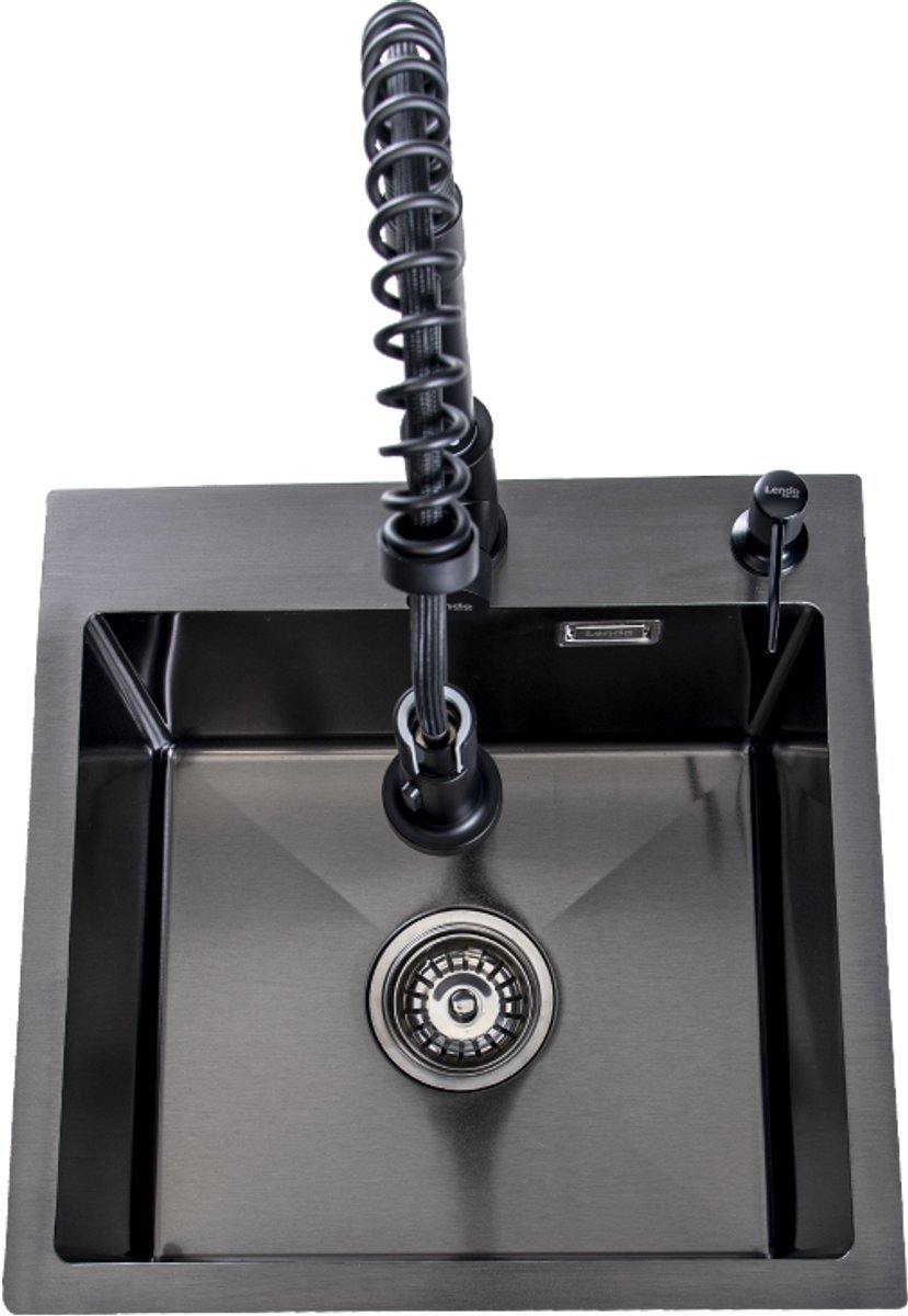 Lendo Online Spoelbak voor keuken met keukenkraan met uittrekbare uitloop en zeepdispenser 44x44x20cm - Zwart / Antraciet RVS - Roestvrij staal - Wasbak met waterafvoersysteem - Gootsteen + bevestigingshaken Binnenmaat: 39x35cm