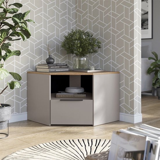 Grijze VICCO Wido hoekkast in een woonkamer met planten, boeken en decoratie.
