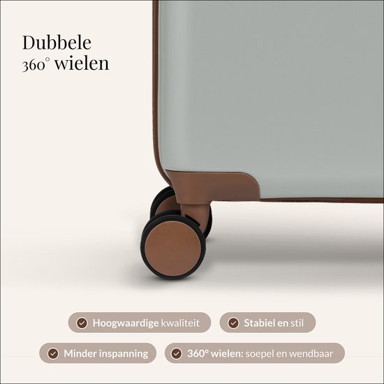 Lichtgrijze koffer met bruine details en dubbele 360 graden wielen.