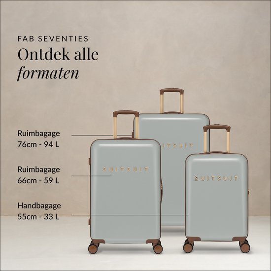 Drie lichtgrijze SUITSUIT koffers van verschillende formaten.