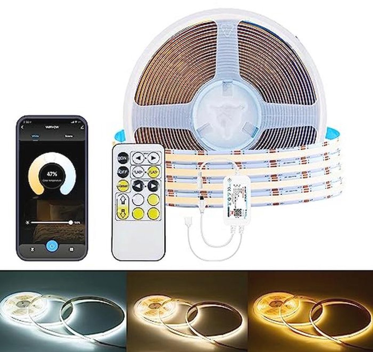 Dimbare WIFI LED Strip 5 Meter - Instelbare Witte Lichtkleur 2700K tot 6500K, 640 LEDs/m, App-Controle en Compatibel met Alexa en Google Home