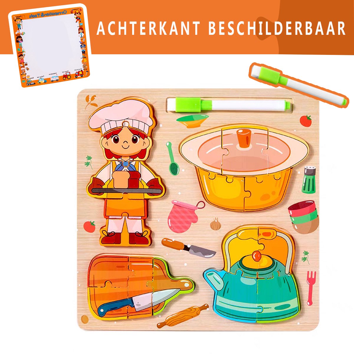 Houten Beroepen Puzzel met Uitwisbare Whiteboardstiften - Achterzijde beschilderbaar- Educatieve Speelset - 3D Puzzel - 18-delige Houten Puzzels - Leer Verschillende Banen - Montessori Leren - Jongens Meisjes - Geschikt voor 2 3 4 5 Jaar - Kok