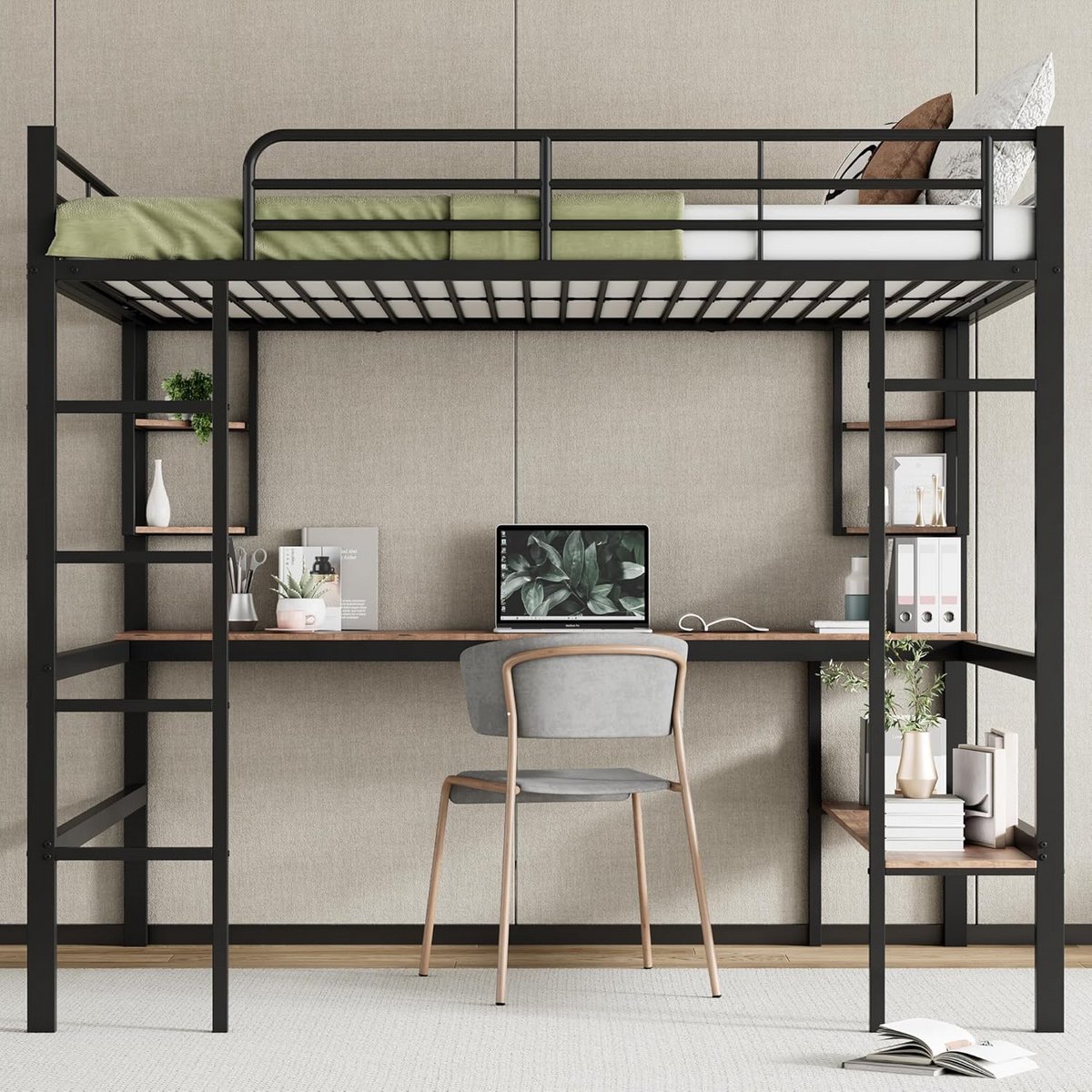 Metaal hoogslaper met bureau en boekenrek - 140x200 cm