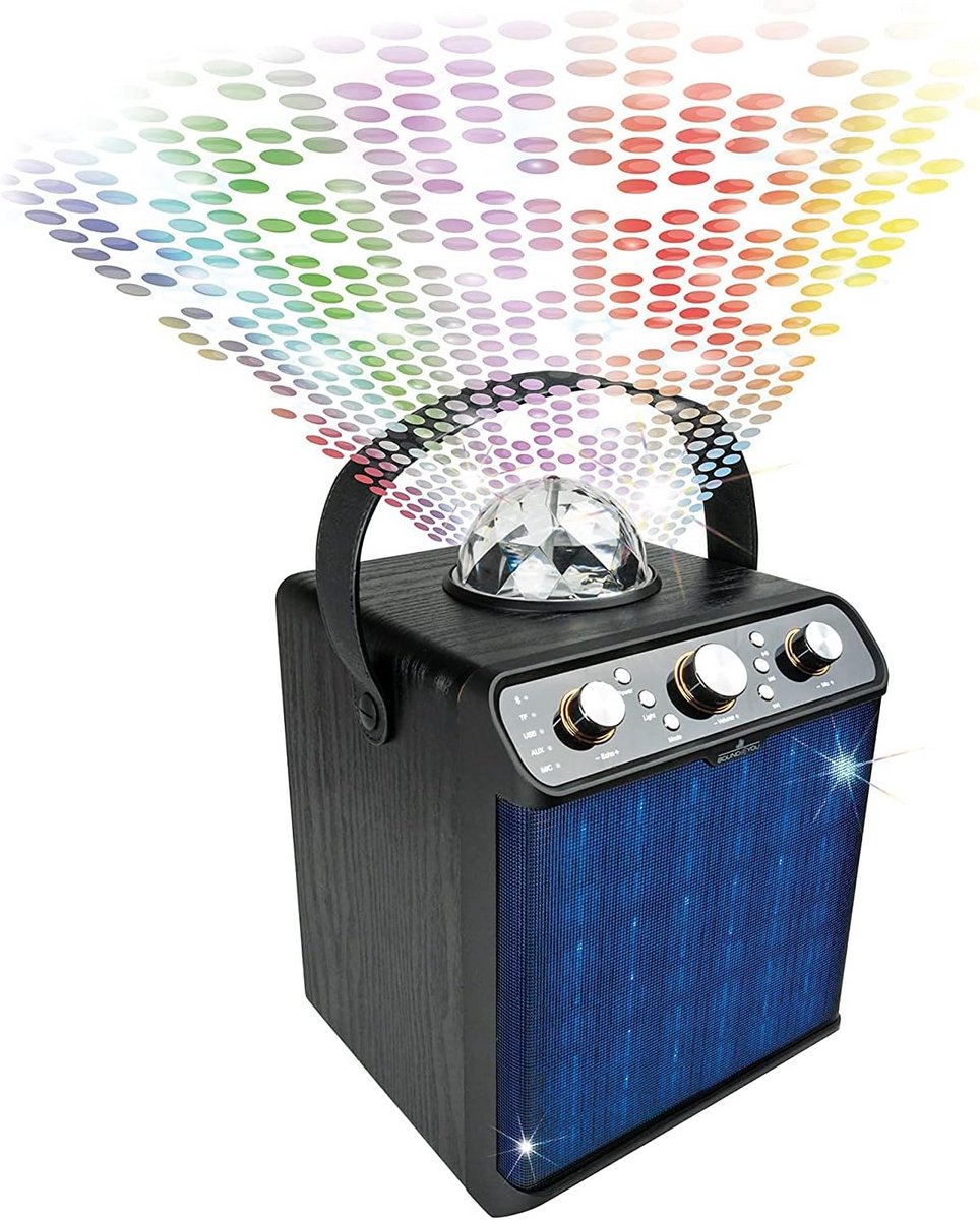 Draagbare Bluetooth Speaker met Disco Licht en Karaoke Functie | 30W Stereo | FM Radio | AUX | USB | Micro-SD | Houten Kast