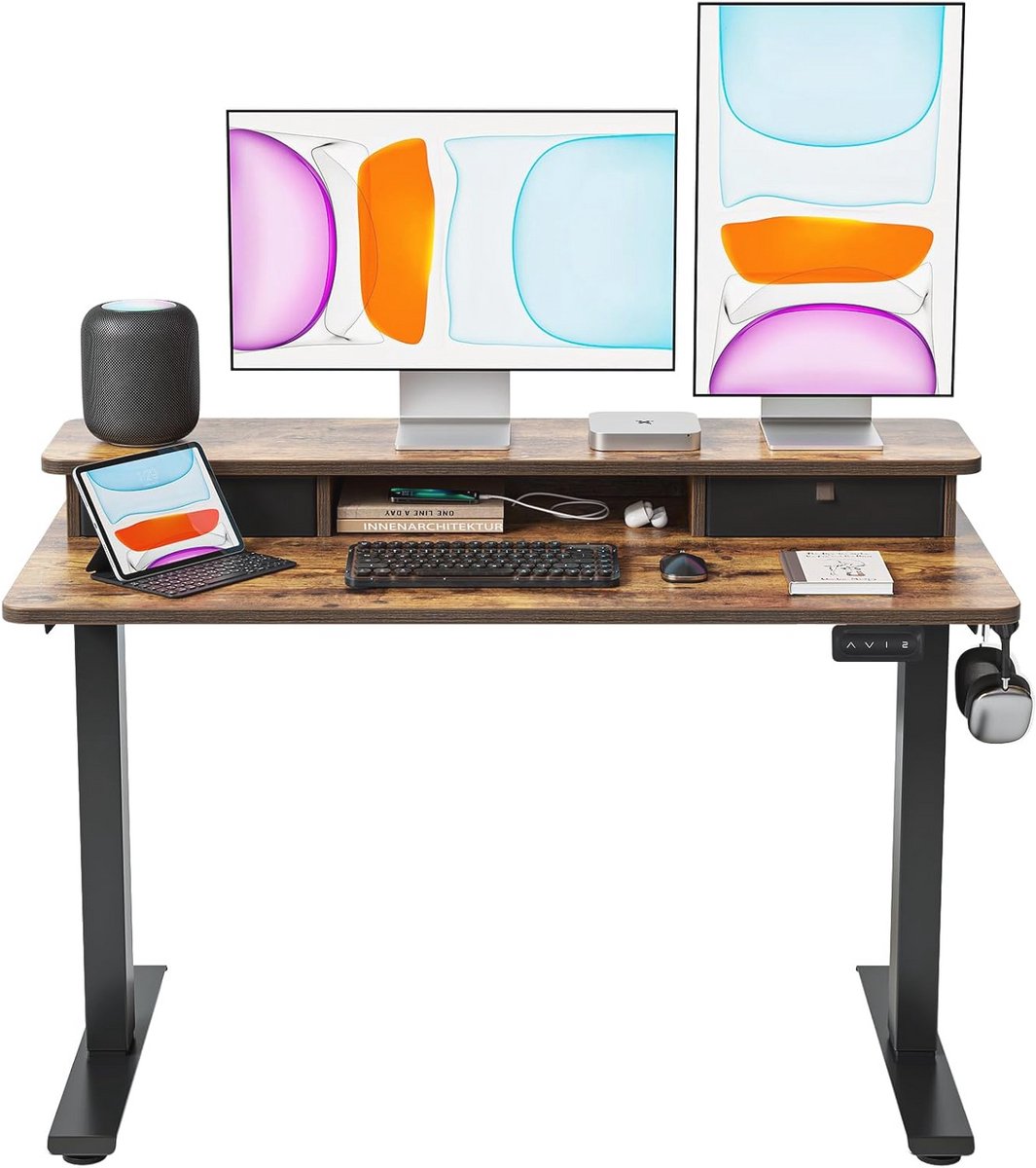 In hoogte verstelbare elektrische statafel met dubbele lade - 120 x 60 cm, zwart