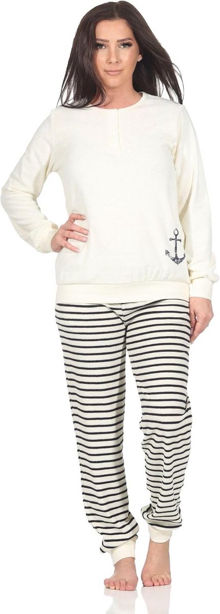 Warme Badstof Pyjama Dames met Maritiem Ankerdessin - Hoge Kwaliteit Nachtkleding