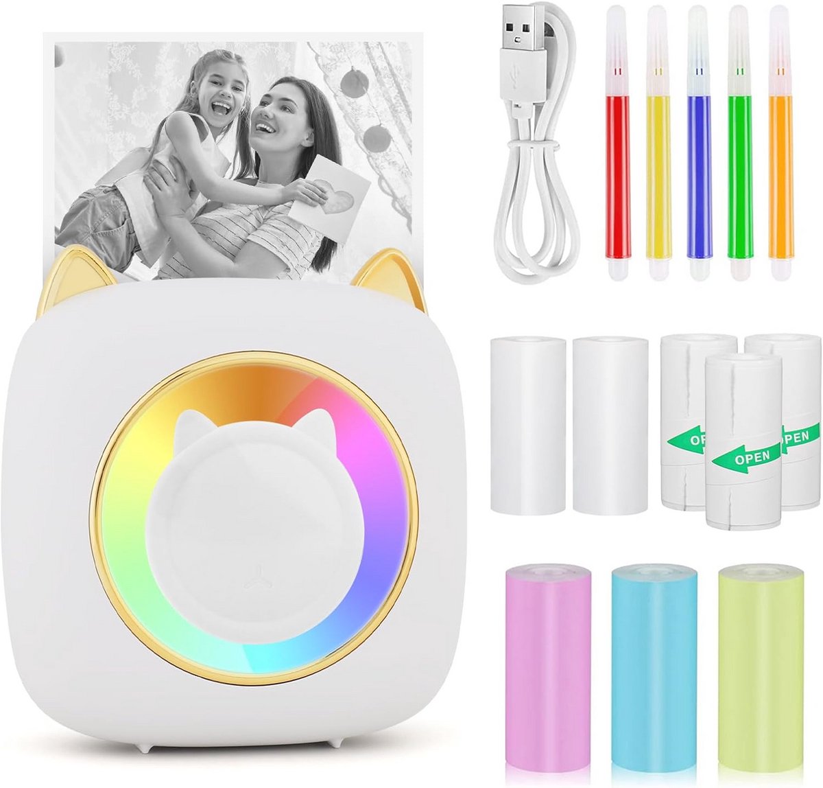 GuKKK Mini-printer, mobiele fotoprinter, draagbare mini-fotoprinter met zeven kleuren led, draadloze fotoprint, thermische printer, smartphone bluetooth-printer, voor leerhulp, studienotities, dagboek