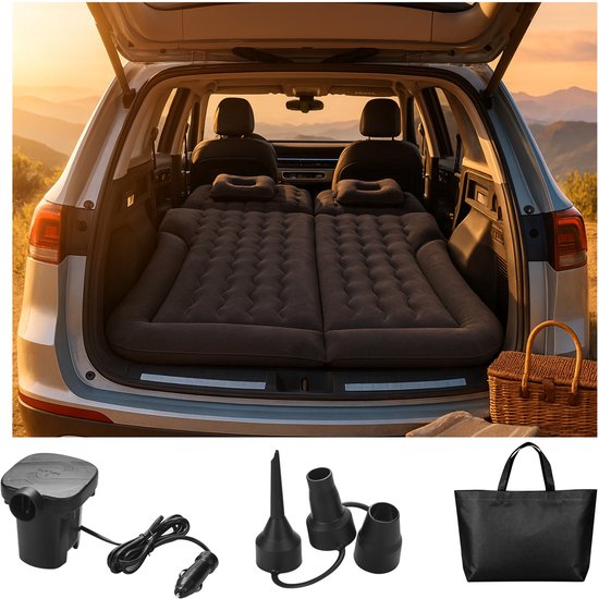 SUV Luchtmatras van MMOBIEL – Opblaasbaar Automatras & Reisbed – Inclusief Elektrische Pomp, 2 Kussens, Reparatieset & Draagtas – Auto & Camping Accessoires – Inflatable Car Air Mattress - Zwart