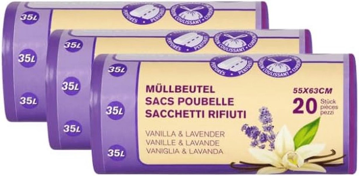Multifunctionele scheurvaste vuilniszakken met trekkoord - 35 liter - Vanilla & Lavendel - 60 zakken