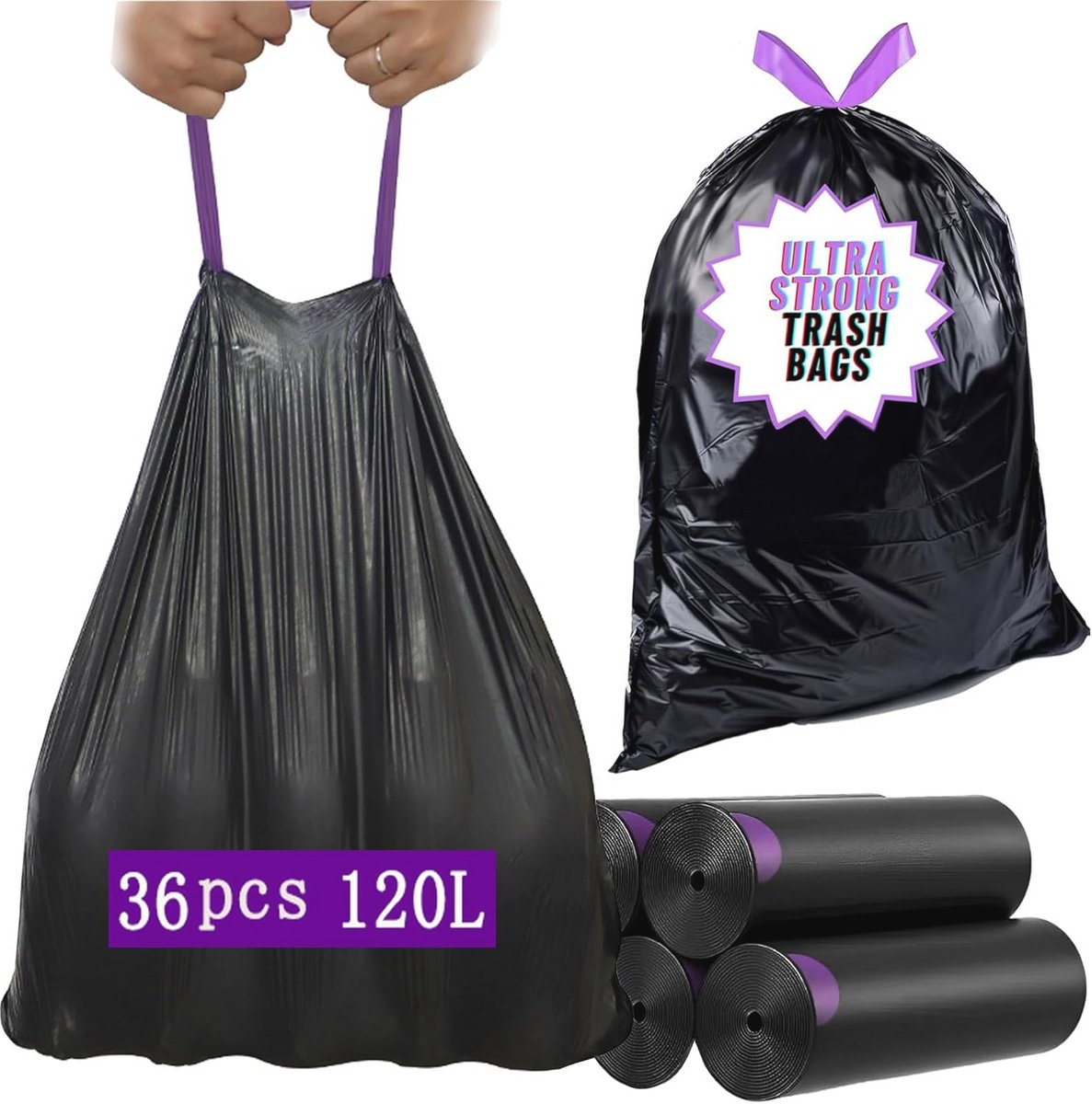 Afvalzakken met Trekkoord voor Zwaar Afval, 110 Liter, 80 x 100 cm, 36 Stuks, Scheurvast en Hygiënisch
