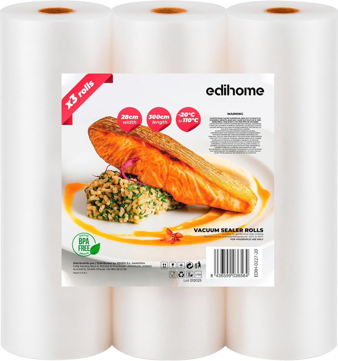 Vacuümzakken voor levensmiddelen - 28 x 300 cm - 3 rollen - BPA-vrij - Sous-vide