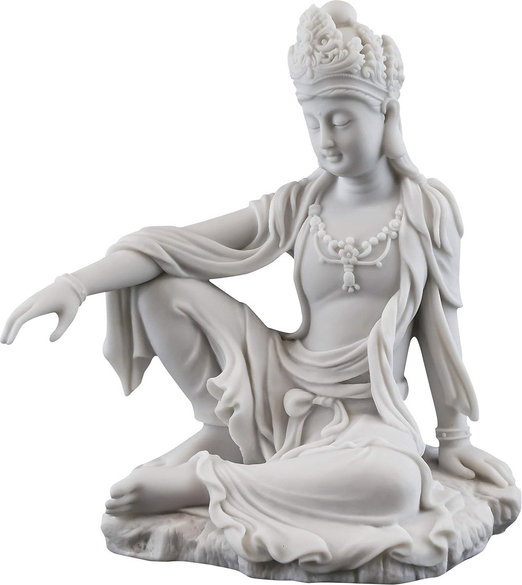 Sculptuur Kwan Yin in Koninklijke Ontspanning - Boeddhistische Godin van Mededogen en Genade - Wit Marmeren Beeldje van 7,25 Inch