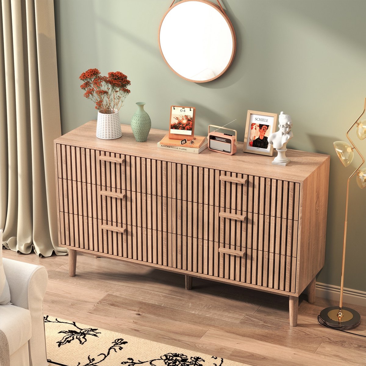 Commode met 6 lades, moderne houten ladekast voor slaapkamer, woonkamer en hal, 100x34x73cm (beige, 6 lades)