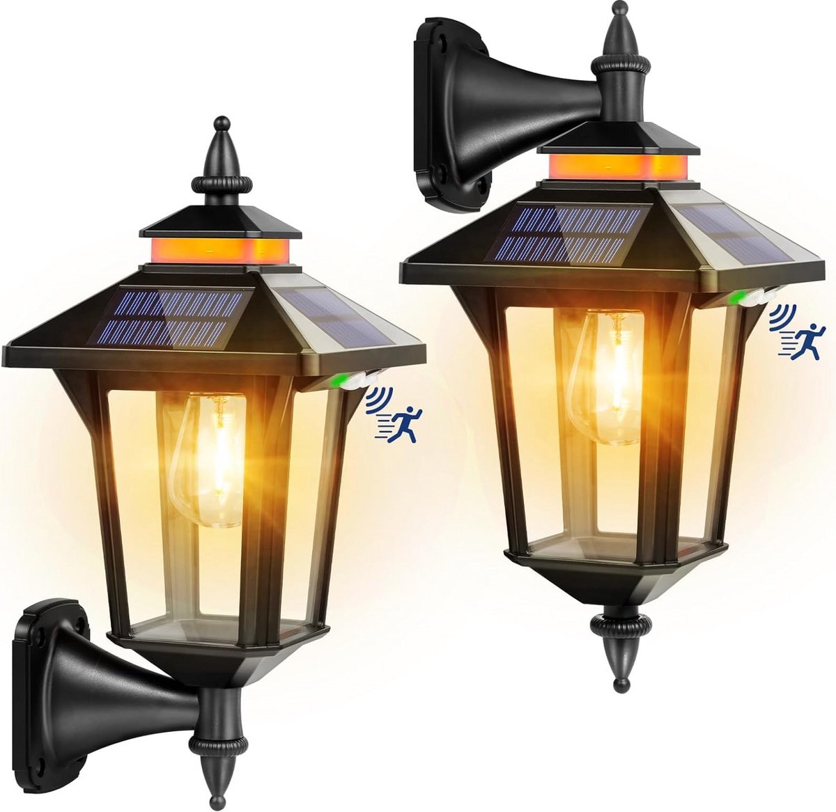 Vintage zonnebeveiligingslamp met sensor - 3 verlichtingsmodi, IP65 waterdichte buitenwandlamp voor tuin en omheining