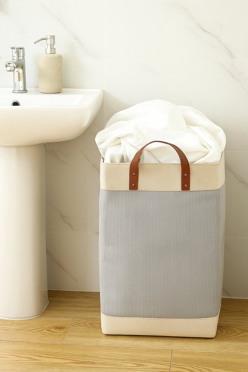Webzon – Wasmand – Wasmanden – Wasmand inklapbaar – Opvouwbare Wasmand – 30×35×55 cm – Engels design – Jute stof met leren handvatten – Opbergmand – Opvouwbaar en ruimtebesparend – Grijs