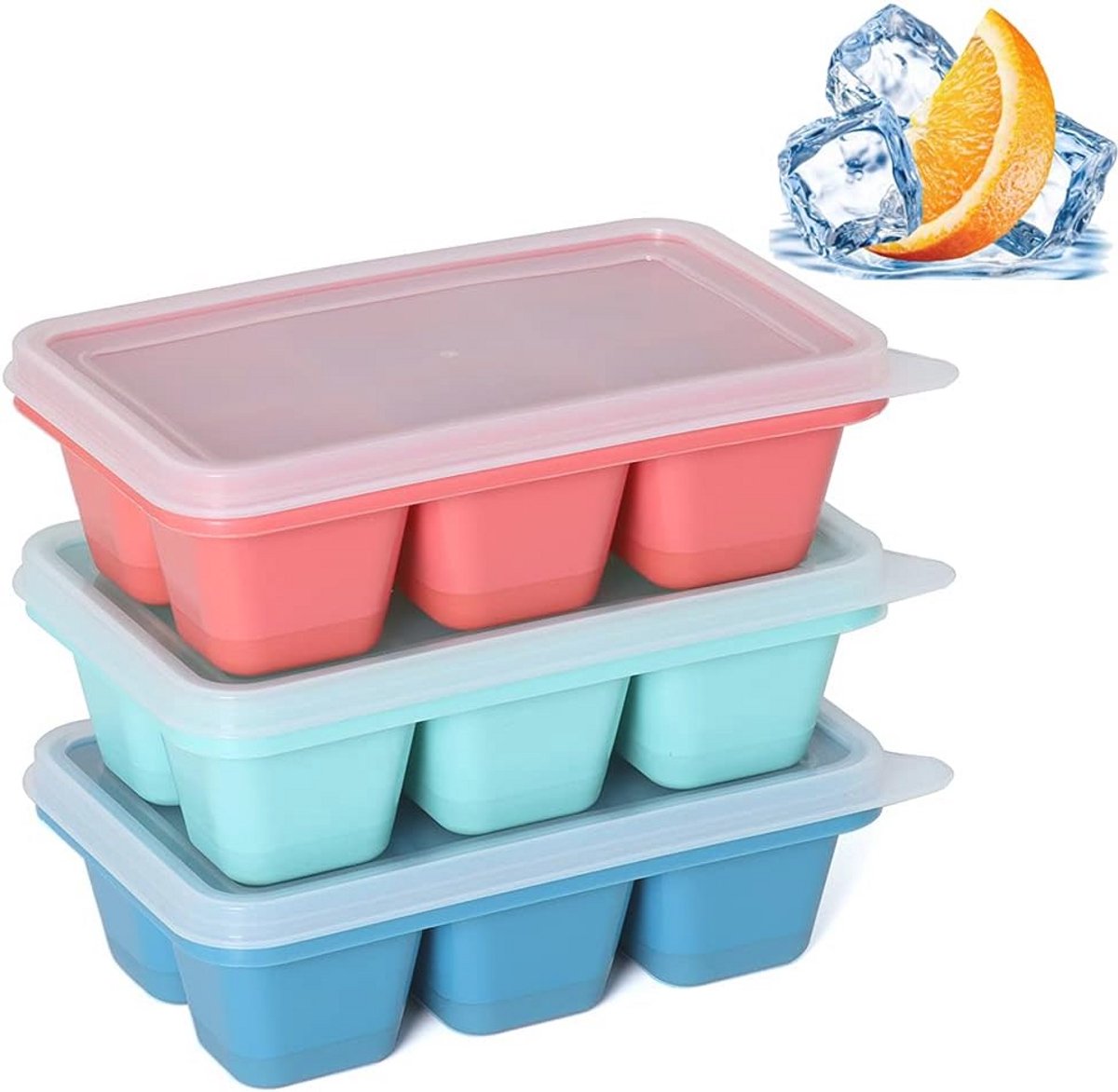 Mini IJsblokjesvormen voor Vriezer - 3 Stuks met Deksel en Siliconen Bodem, Stapelbare Kleine IJsblokjes Bakjes in Blauw, Rood en Mintgroen