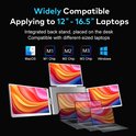 Zilverkleurige, opvouwbare monitor met vier schermen, compatibel met 12-16 inch laptops, waaronder MacBook M1, M2, M3 en Windows.