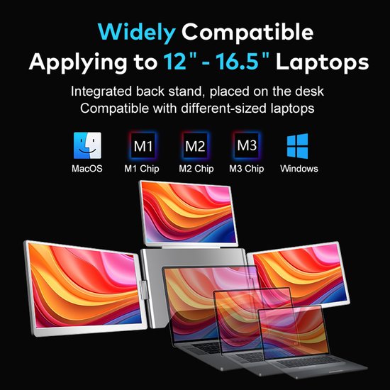 Zilverkleurige, opvouwbare monitor met vier schermen, compatibel met 12-16 inch laptops, waaronder MacBook M1, M2, M3 en Windows.