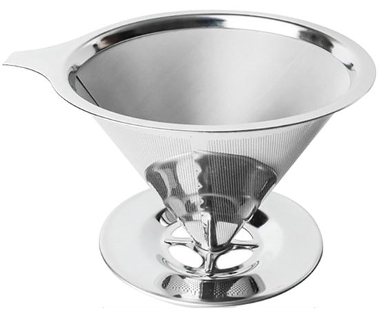 Zilverkleurige, metalen, dubbelmazige koffiefilter op een witte achtergrond, van voren bekeken.
