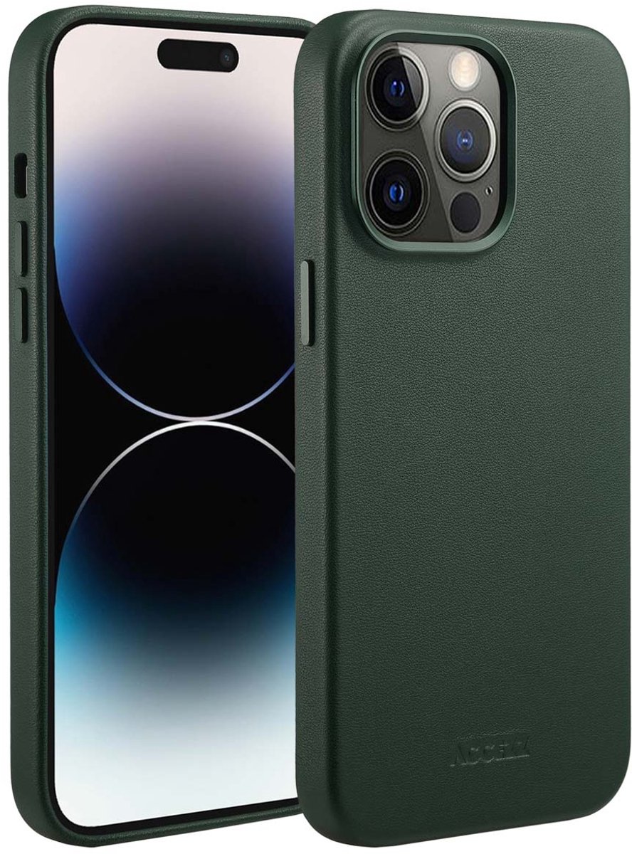 Accezz Hoesje Geschikt voor iPhone 14 Pro Max Hoesje - Accezz Geschikt voor MagSafe Leather Backcover - Donkergroen