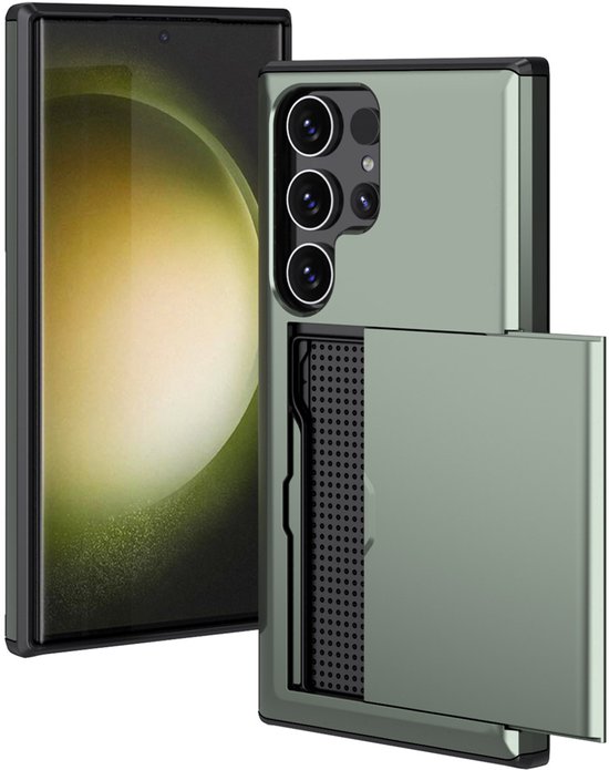 Samsung Galaxy S24 Ultra hoesje met pasjeshouder, uitschuifbare pashouder voor 2 pasjes, krasbestendig, donkergroen